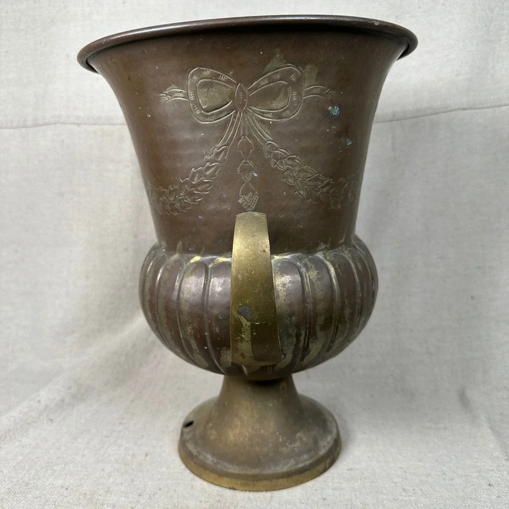 Vintage Brass Bow and Garland Urn Vase Footed Planter with Handles Patina‎
